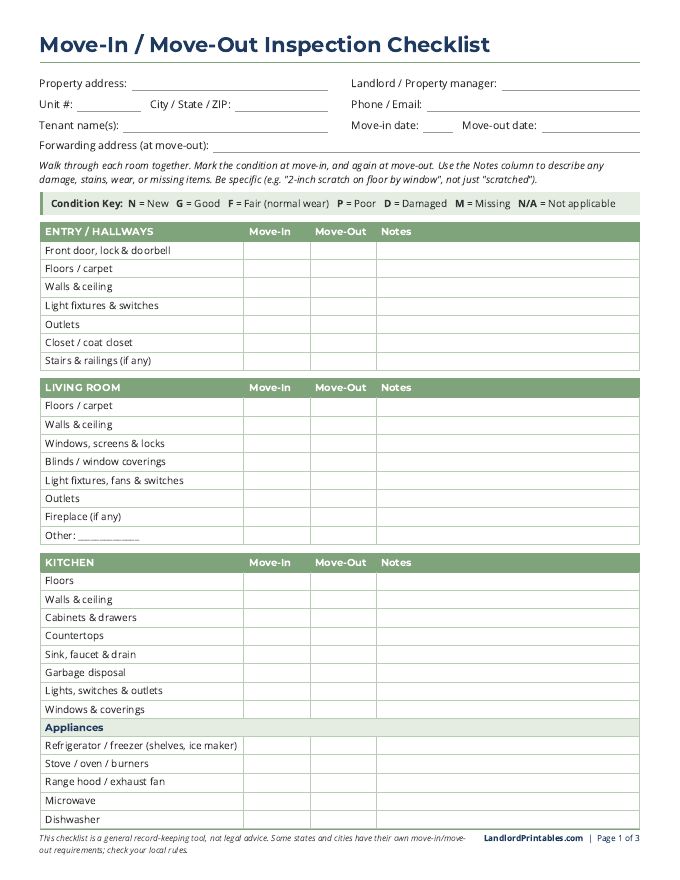 Free printable Move-In / Move-Out Inspection Checklist preview